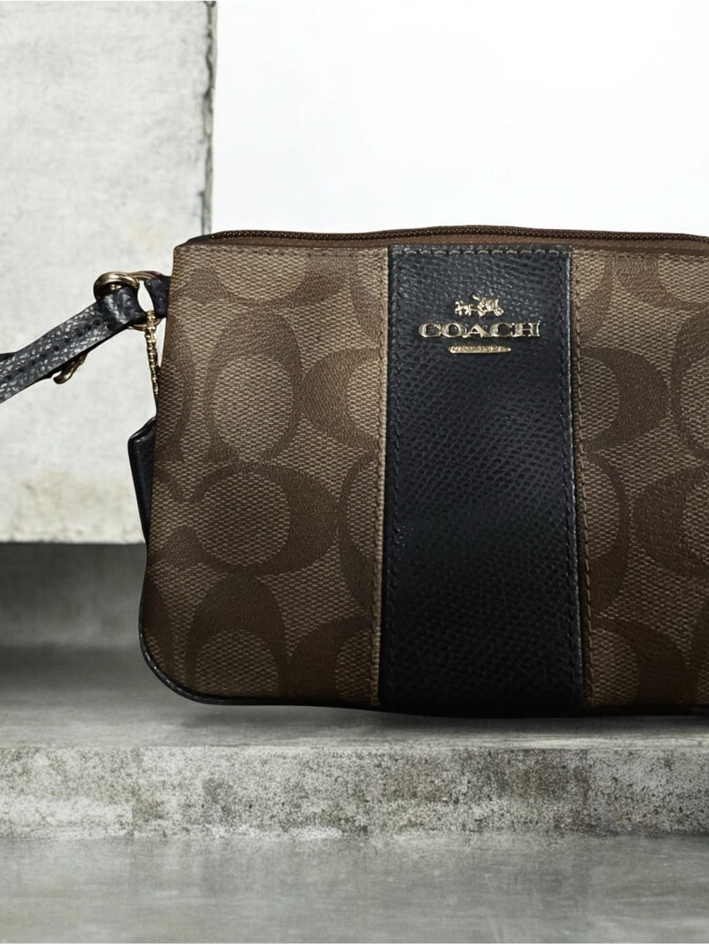 Coach Brown Signature Canvas Wristlet with Black Leather Stripe
